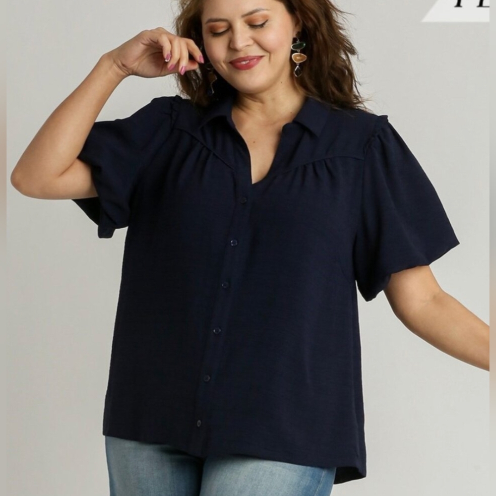 Umgee Navy Blue Women's Top 1x balloon sleeve